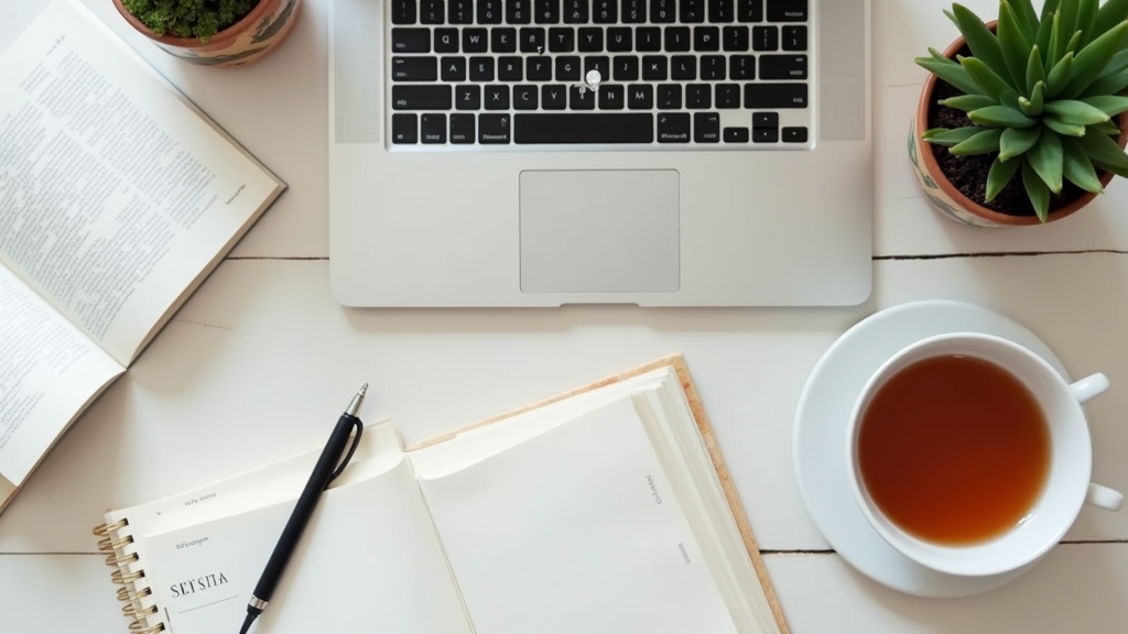 Friendly study setup with language books, a laptop, and a cup of tea