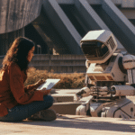 girl learning Spanish with a robot
