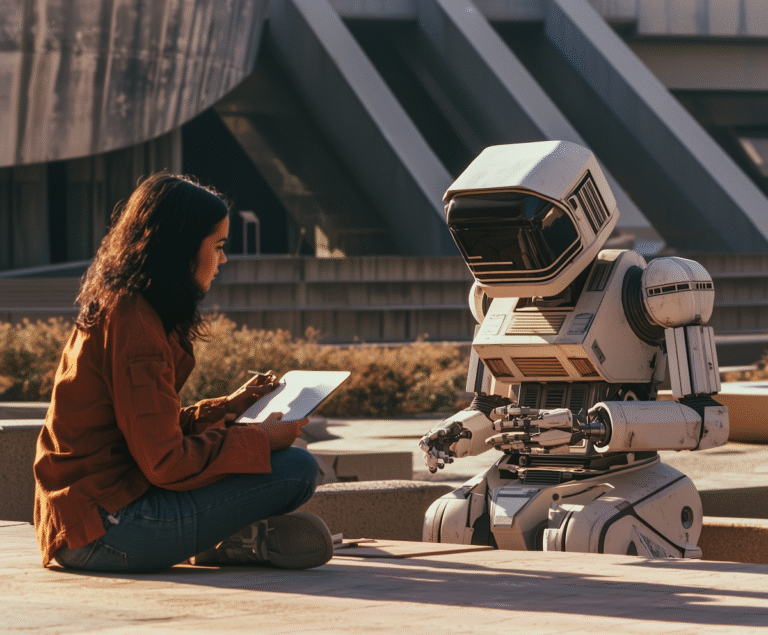 girl learning Spanish with a robot